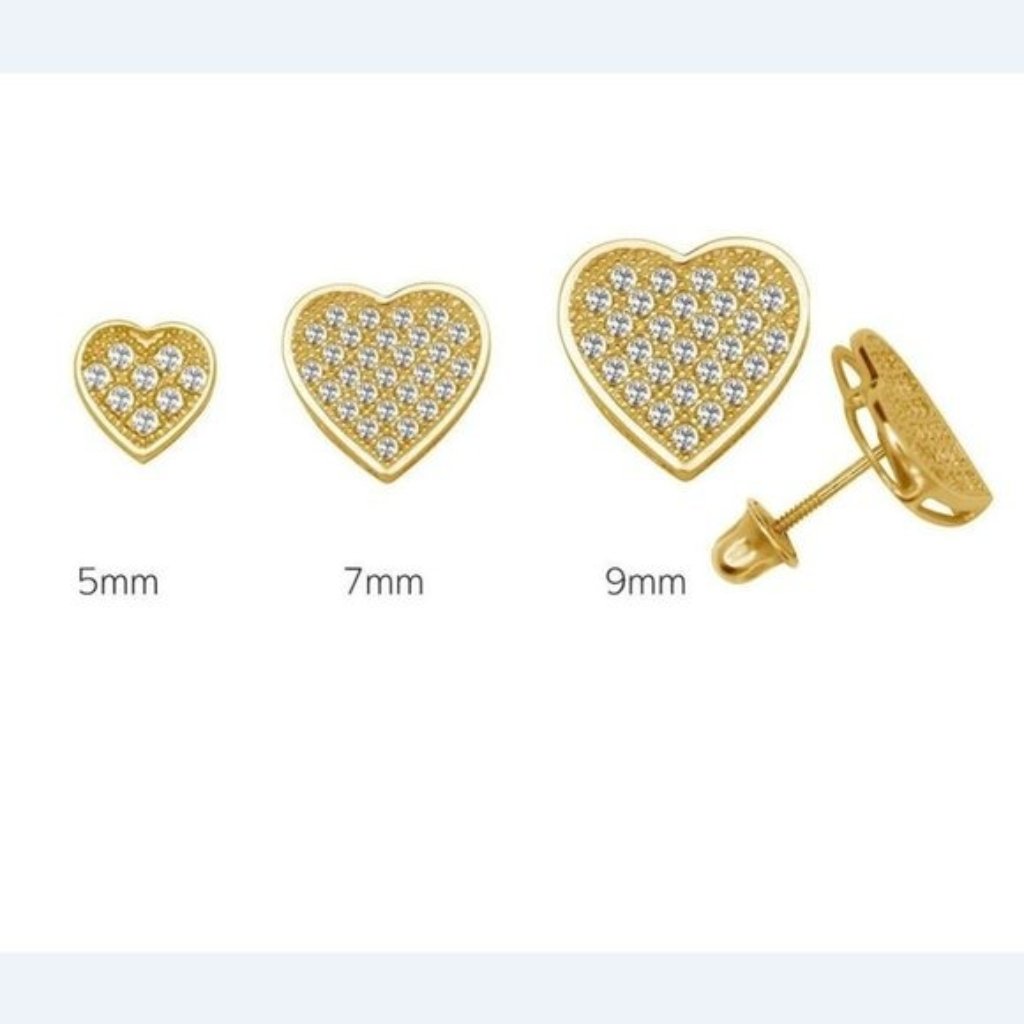 14k Solid Gold Heart Pave Screw Back Stud Earrings Set With Sparkling Stones 9mm